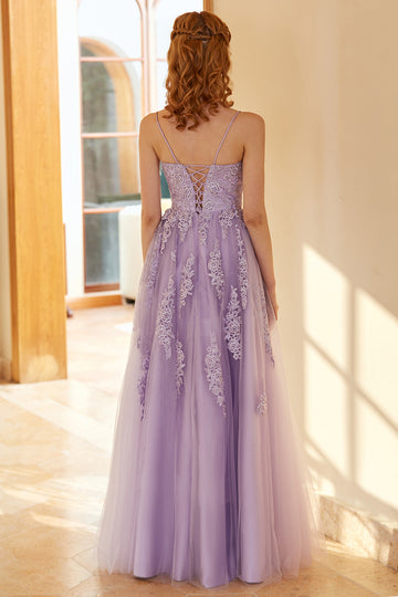 Charming A Line Spaghetti Straps Light Purple Long Ball Dress with Appliques